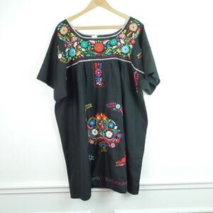 Mexican Huipil Dress Size 3X Floral Embroidered Black Cotton Beach Caftan Resort
